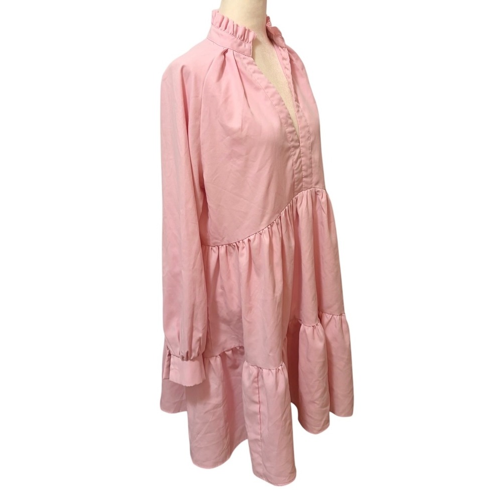 Pink Tiered Babydoll Mini Dress Size Medium Cottagecore Ruffle Neck Long Sleeve - Picture 3 of 8
